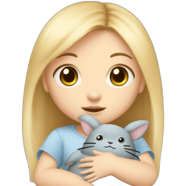 bébé fille blonde décoiffée aux yeux bleus avec une peluche Totoro  emoji