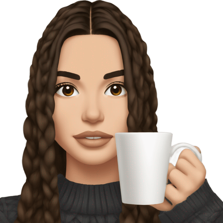 brunette Kendall Jenner with long and brown hair her eyes brown and sipping coffee her hair braided emoji