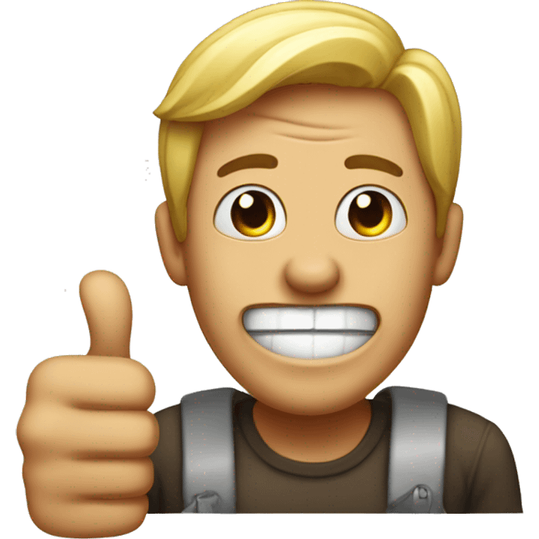 Man with mocking open mouth smile and with a thumbs up emoji