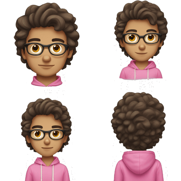 14 year old white boy with brown eyes and dark brown hair. Glasses and hair is wavy but short. Has fringe and it falls to one side of face a bit. Wearing pink hoodie. emoji