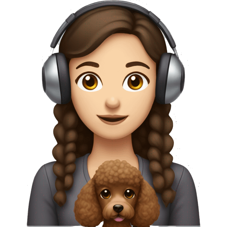 brunette girl with brown eyes wearing earmuffs and holding a brown poodle emoji