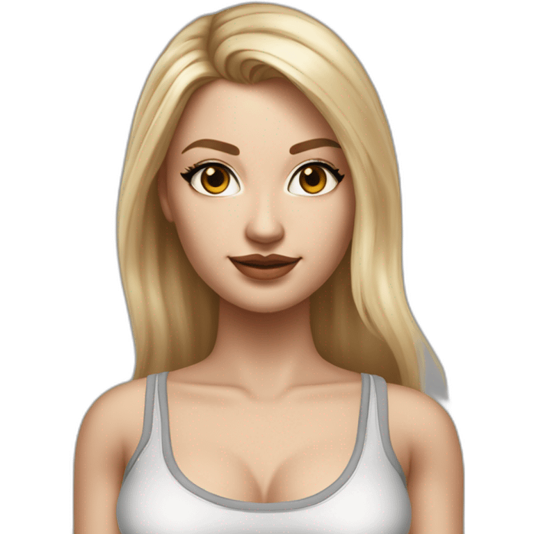 hyperrealist caucasian, long blonde hair, brown eyes, woman, white decollette tank top, gray tight mini skirt, black high heels, frontal view emoji