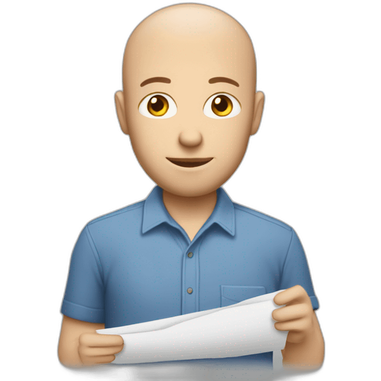 white male with small beard and almost bald smart casual blue shirt holding papers full profile emoji