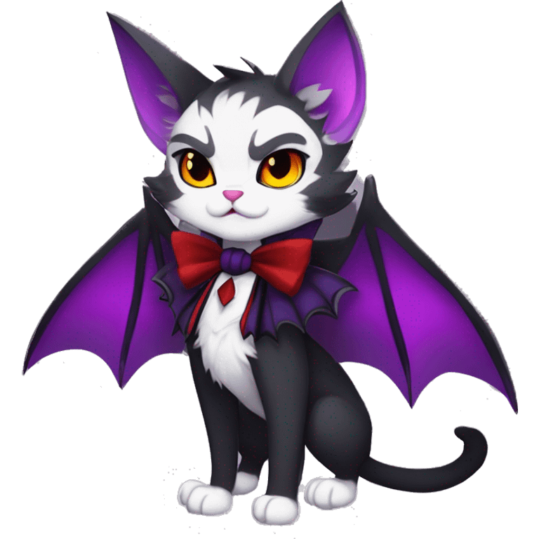 Anthro-Cute-Edgy-Vampiric-Batty-Cat-Black-Purple-Red-Grey-White-Yellow-Contrast-Colors-Fantasy-Fur-Sona-Chibi-Shiny-Fakémon-Hybrid with horns and big fangs collar bow ties leg spats full body emoji