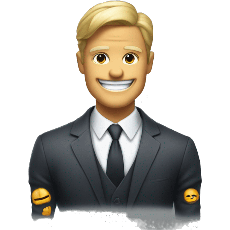 A sharp dressed businessman in suit and tie with muscles and villains smile emoji