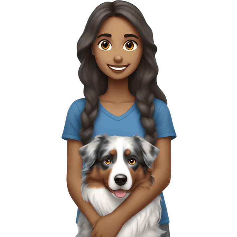 Girl with long brown hair holding blue merle Australian shepherd  emoji