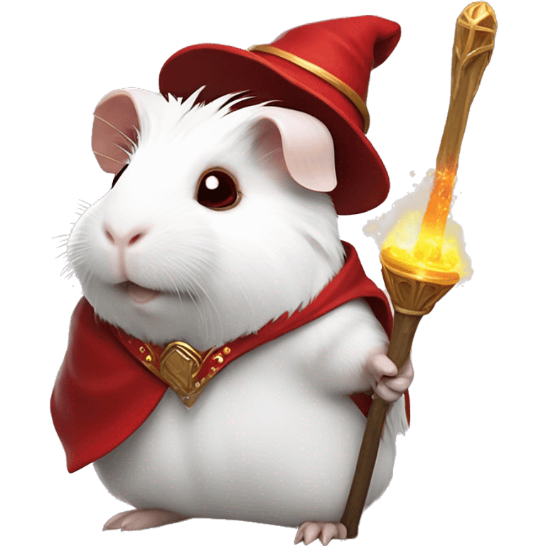 white guinea pig with red eyes wearing wizard clothes and holding a magical staff emoji