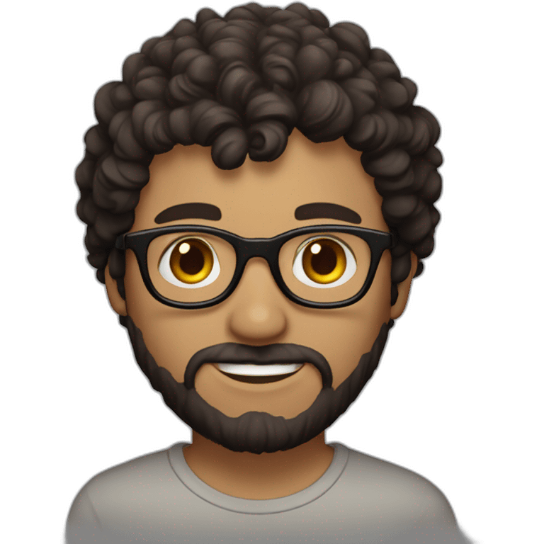 A guy with black round glasses, brown eyes, a small dark brown beard, curly dark brown hair, white skin emoji