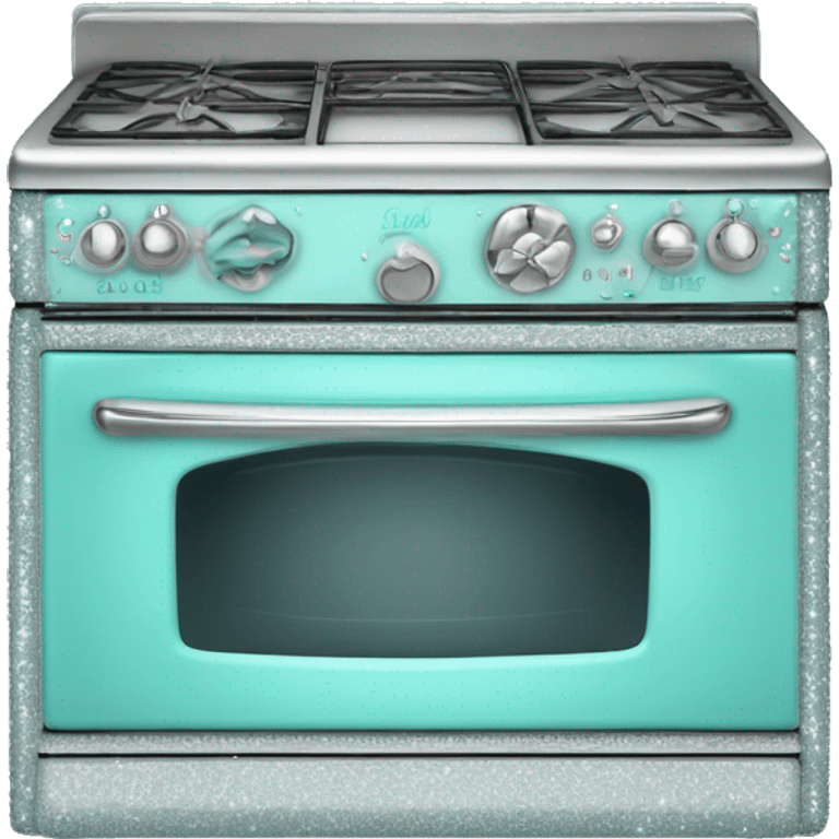 Realistic silver and pastel tiffany blue retro vintage oven stove with white shiny sparkly glitter and diamonds on it. emoji