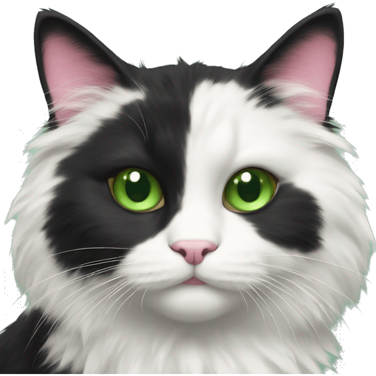 fluffy tuxedo cat with green eyes and pink nose emoji