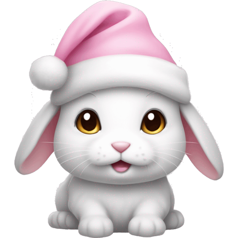 A white little cute bunny wearing a little cute pastel pink Christmas hat emoji