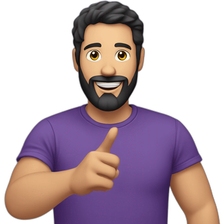 a white man with a black beard, pointing the camera with his fingers, he wears a purple tshirt, smiling,he has a modern haircut emoji