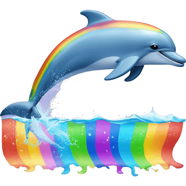 Dolphin jumping over water and behind a rainbow emoji