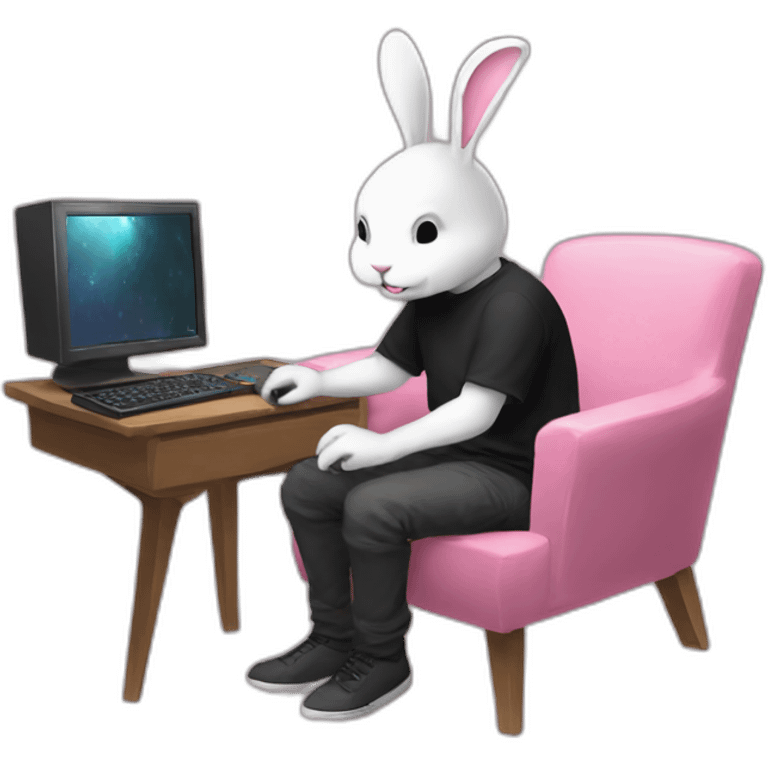 yugy bunny black t-shirt playing computer on pink chair dark souls 2 emoji