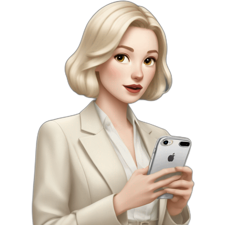 pale skin woman with ash blonde Straightened bob Hair, White Spacious classical jacket, beige palazzo Arrow pants and gray blouse holding white IPhone 15 pro in the hands emoji