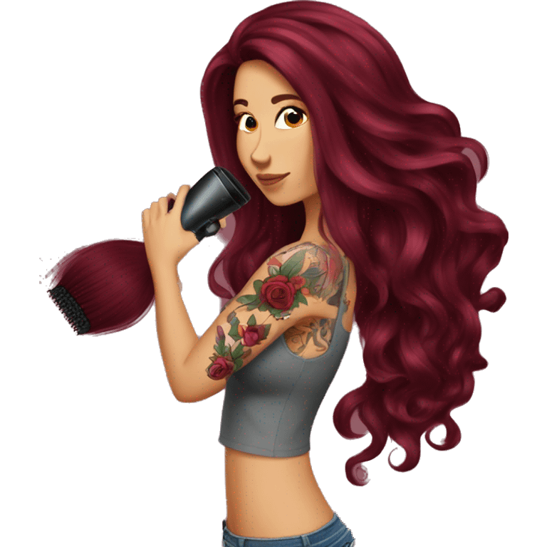 Beautiful tattooed  burgundy long haired woman blow drying her hair emoji