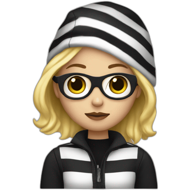 bank robber blonde woman with black beanie hat eye mask and striped shirt emoji