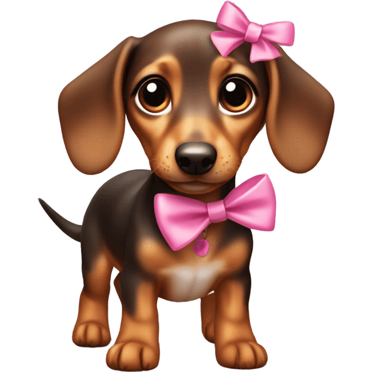 A mini dashund puppy with pink bows in its ear and big eyes and small legs  emoji