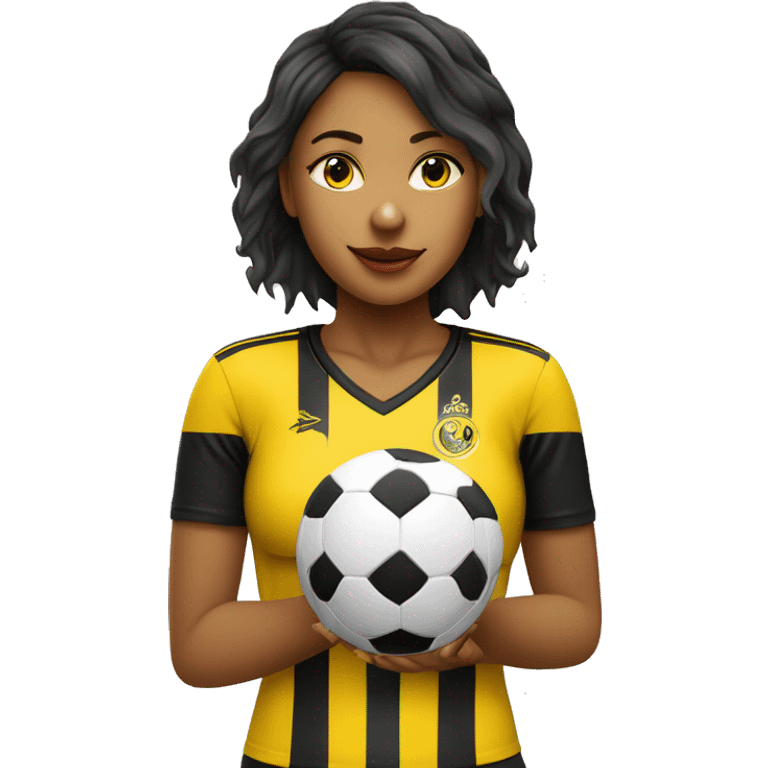 Futbolista chica con balon y camiseta a rayas amarillas y negras emoji