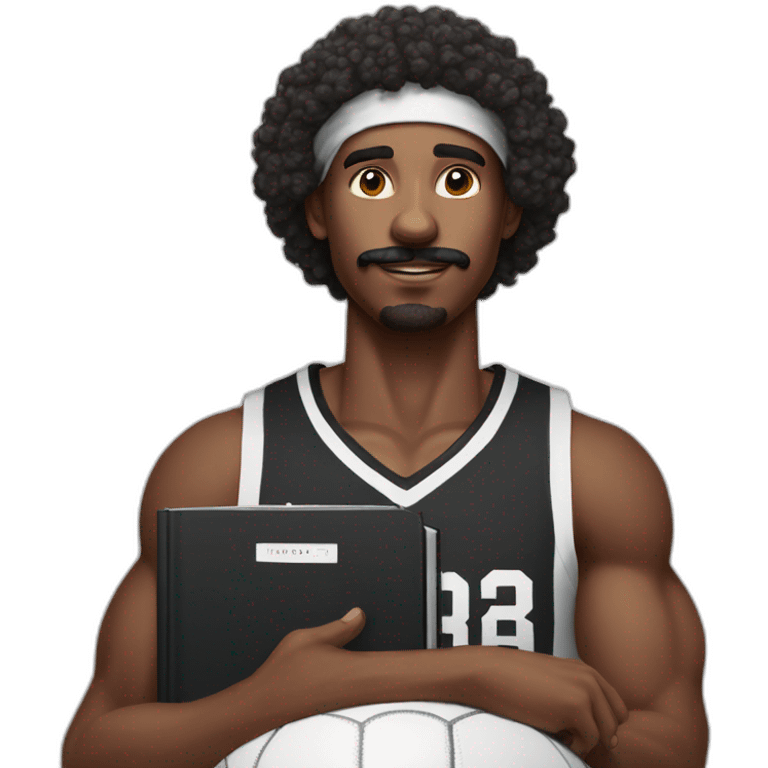 black basketball player with moustache curly hair and headband wearing black and white jersey holding the book emoji