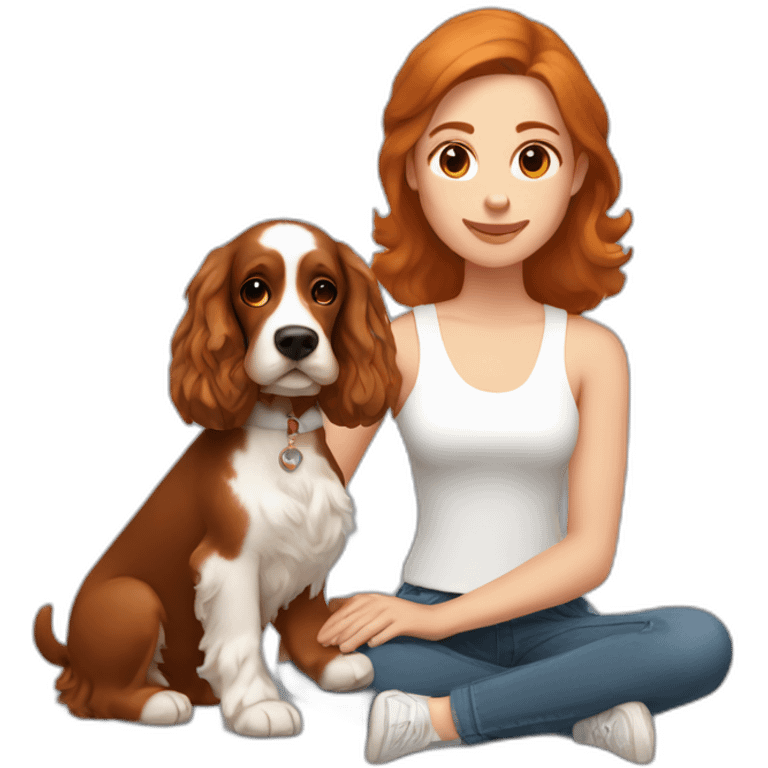 woman with dark brown hair in white singlet with ginger cocker spaniel on her lap emoji