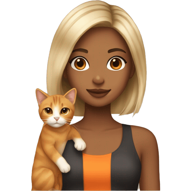 Tan girl with blonde balayage and brown eyes holding an orange cat emoji