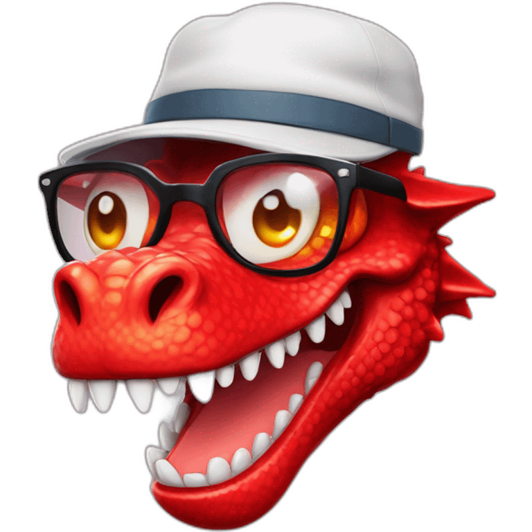 Crazy funny red dragon head with human white teeth and beautiful smile wearing glasses and hat emoji