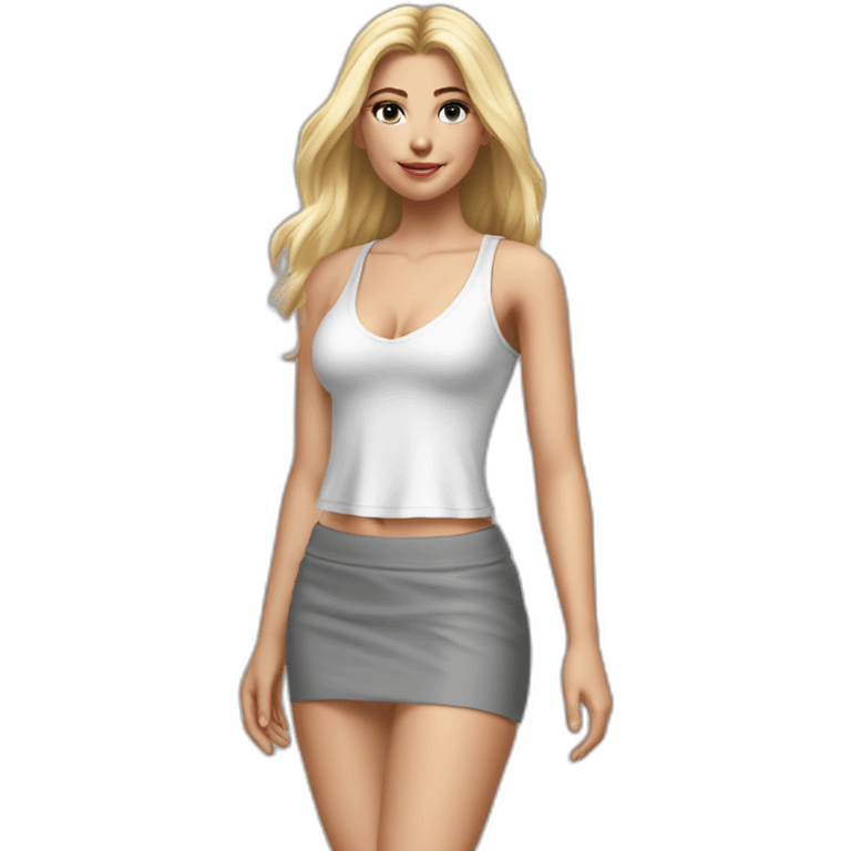 hyperrealistic caucasian blonde, long straight hair, white deep v-neck crop tanktop, gray tight mini skirt, walking body view emoji