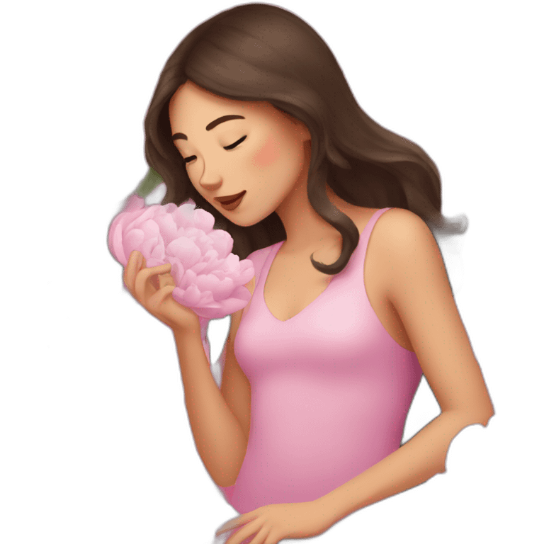 brunette girl smells  peonies emoji