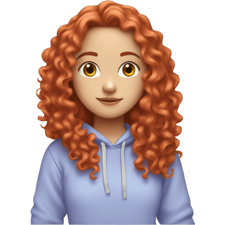 a white girl with long red curly hair, wearing a pastel periwinkle hoodie doing a pose emoji