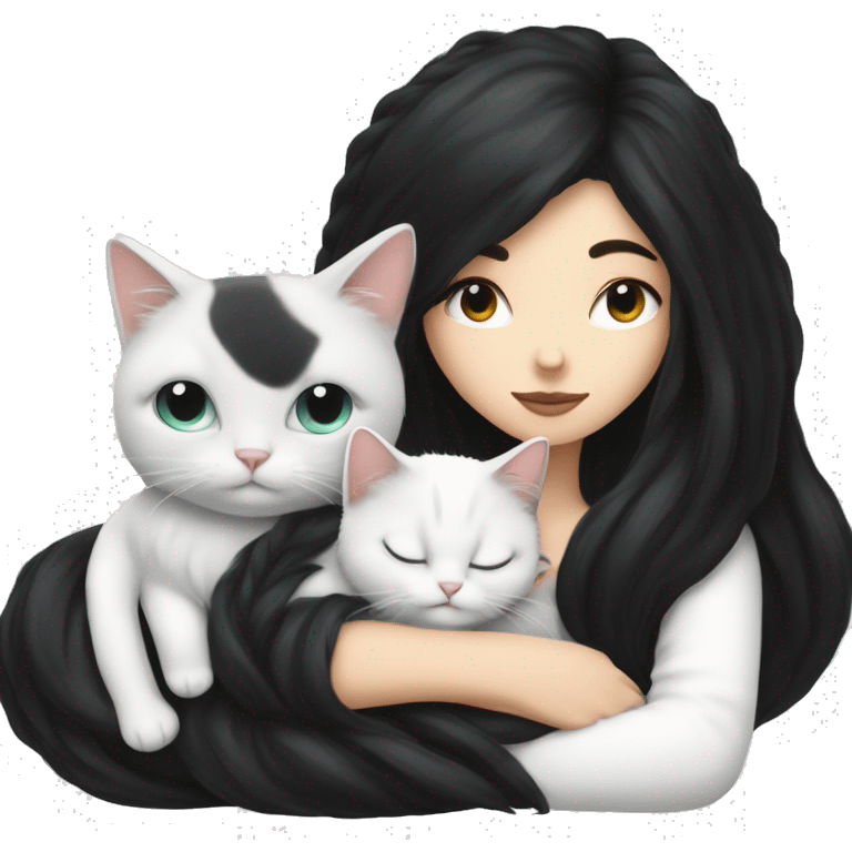 A pretty white girl with very long black hair and sleeping curled up to a white cat  emoji