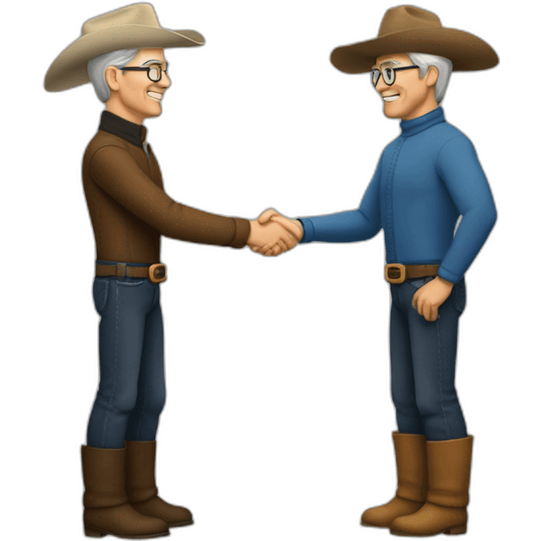 Tim Cook in turtle neck shaking hands with a caucasian cowboy emoji