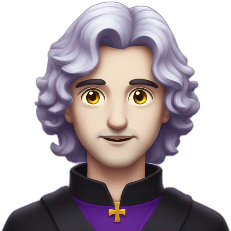 pale beautiful satanic priest with short wavy black hair and violet eyes man emoji