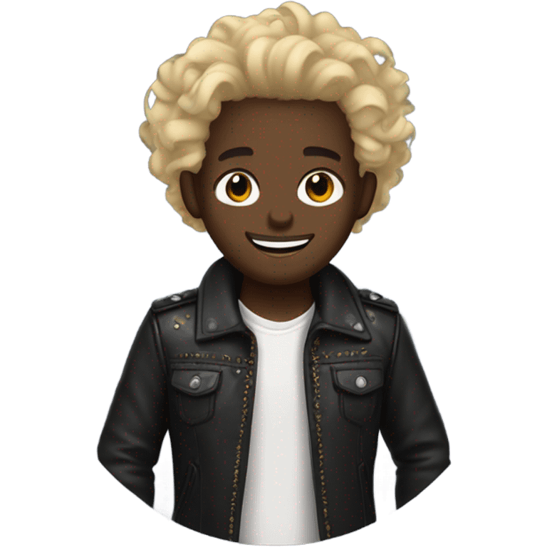 smiling darkskin boy hair in leather jacket with blonde curly hair and circular beard and multiple ear piercings  emoji