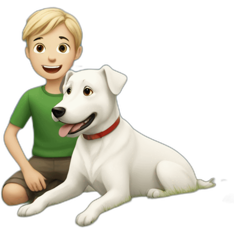 boy with white dog, switzerland mountains emoji