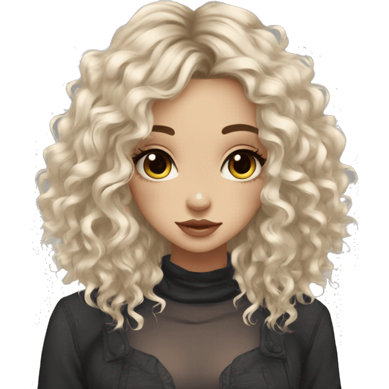 girl pretty, pale medium length curly black hair with hair layers, bangs, big hazel eyes, big lips, small nose, nose nostril piercing, three ear piercings emoji