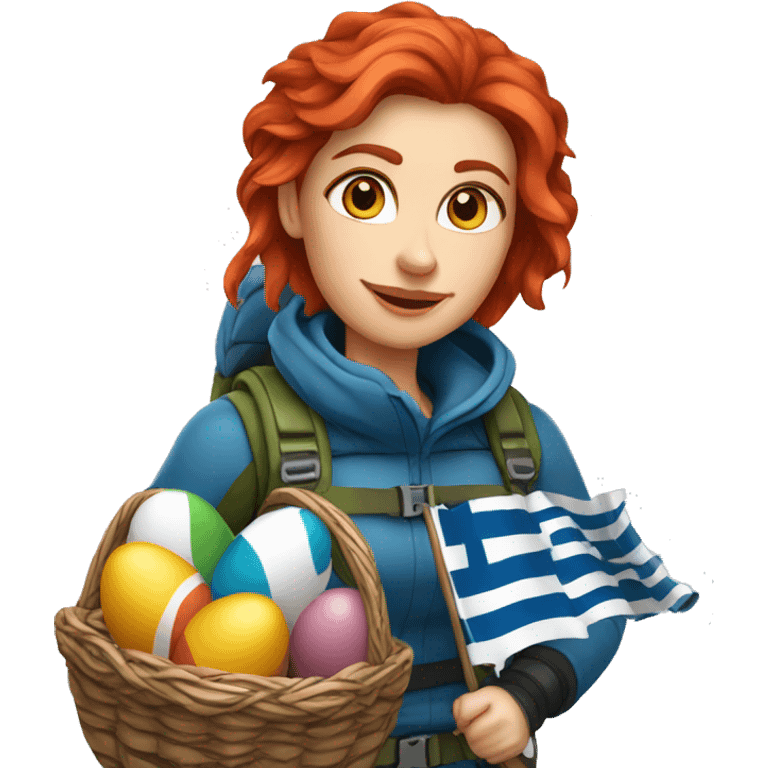 Female winter mountaineer red hair climbing with Greek flag and holding Easter eggs basket emoji