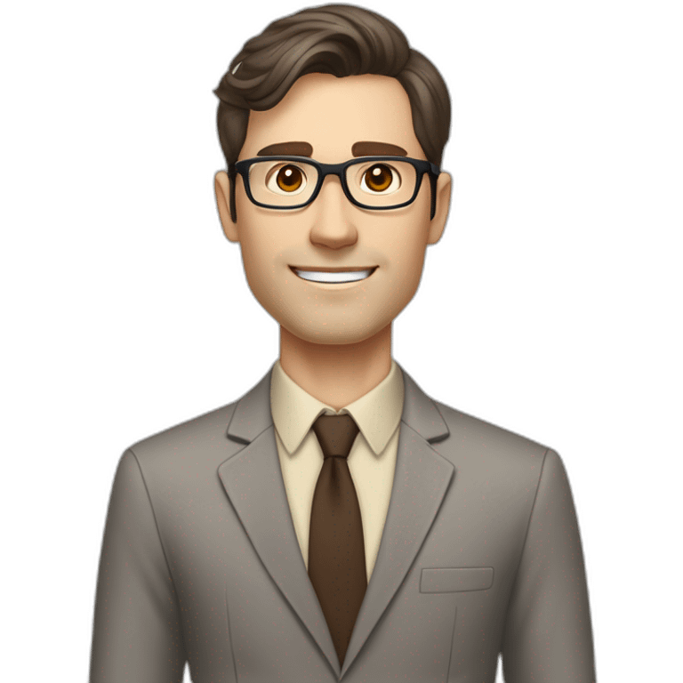 Pale skinned fit man with dark brown hair in gray jacket, beige office shirt, brown tie, brown pants and vintage glasses Writing text on a marker board emoji