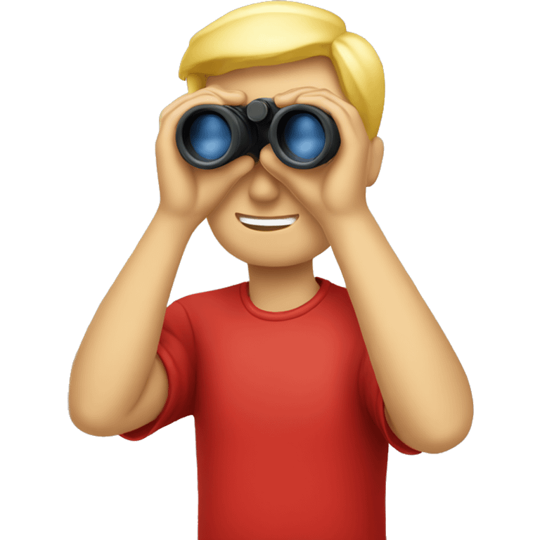 Blond Man with red shirt looking through binoculars emoji