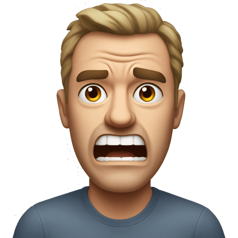 Create an emoji of an Australian dad who looks mad or is shouting. He should have a slightly angry expression with furrowed brows and an open mouth, as if he's shouting. Avoid any smile; instead, show a frustrated or intense expression. emoji