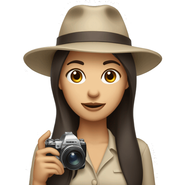 A woman with dark brown hair and a beige hat, winking with one eye and holding camera emoji