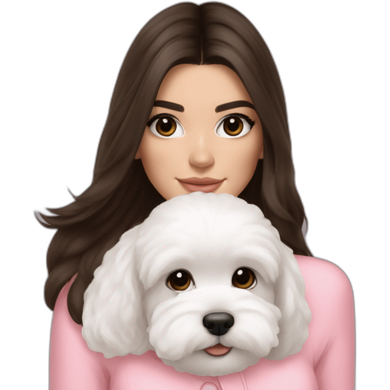 brunette Kendall Jenner with long hair holding on the hands white maltipoo wear on pink collar emoji