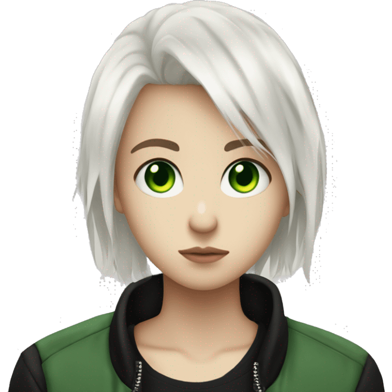 very exhausting emo teen with chin-length white hair and very very light skin with green eyes looking so weary wearing in black guess bomber and white shirt emoji