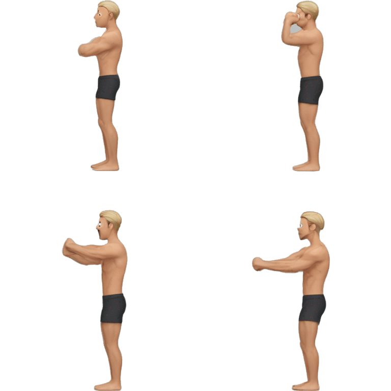 Adult man doing exercises at home. Showing his muscles in profile emoji