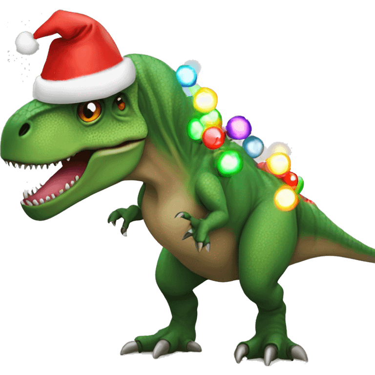 T-Rex wearing Santa hat with Christmas lights  emoji