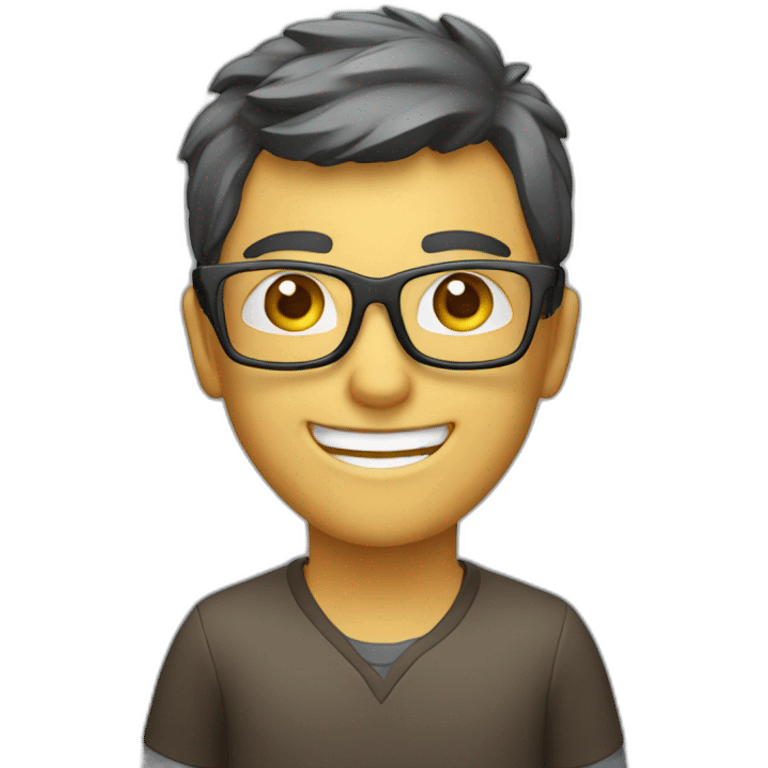 Video editor with glasses, a computer and a smile. emoji