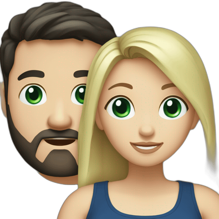 A blond chubby girl with blue eyes and black haired and bearded man with green eyes. The man wears a black t-shirt. The woman is wearing a black skirt and a blue shirt emoji