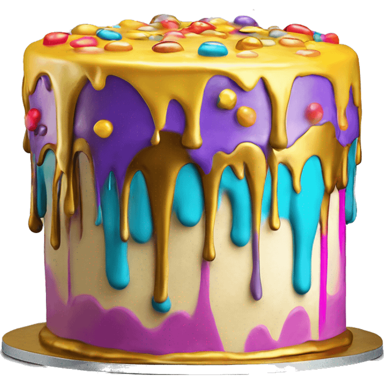 Realistic isolated colorful cake with metallic gold icing dripping from top and all down along the cake emoji