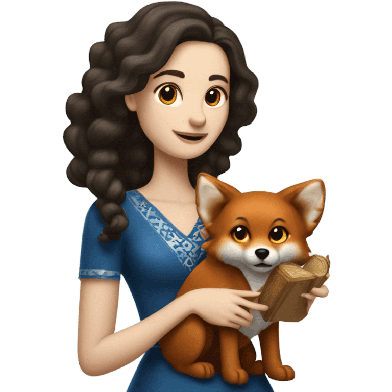 White girl in a dress for Hanukkah with longer wavier dark brown hair holding a menorah with her red fox lookalike dog  emoji