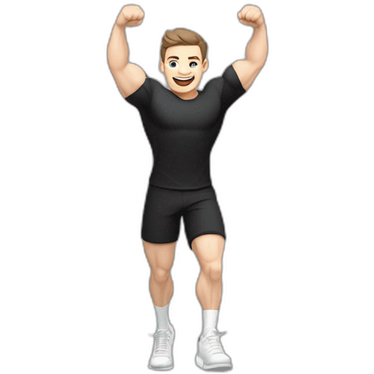 Joyful Celebrating victory Pale skinned Fit Man With the biceps and dark brown hair in black shirt, gray sports shorts and white Sneakers emoji